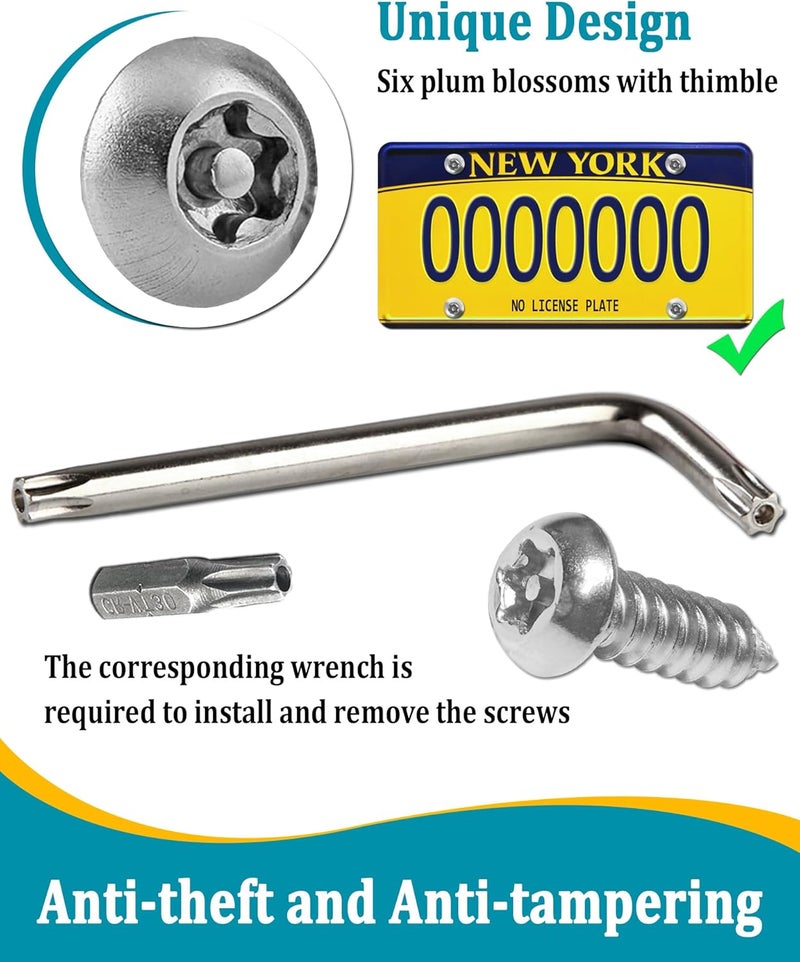 Aootf Stainless Steel License Plate Screws - 30PC Star Anti Theft Screw Torx Head Security Tamper Resistant Self Tapping License Plate Bolt License Plate Frame Fastener, Black Caps, Anti-Rattle Pad - Image 3