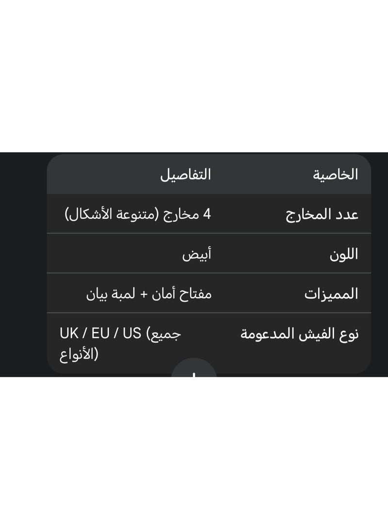 ​مشترك كهرباء 4 مخارج متعدد الاستخدامات (Universal) - سلك طويل 2 متر  عالي الجودة مع مفتاح أمان ومؤشر ضوء - أبيض - Image 2