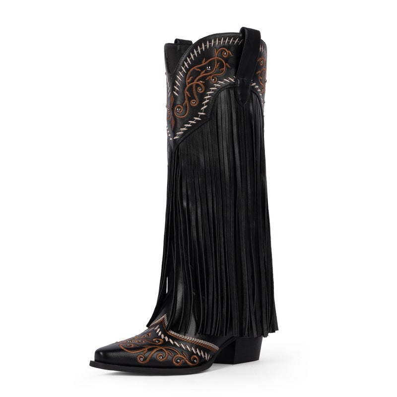 Modatope Cowboy Knee High Boots for Women Black Embroidered Cowgirl Boots Pointed Western Fringe Boots Size 10 - Image 1