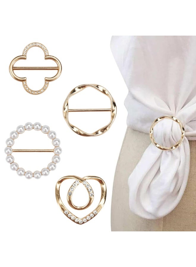 4PCS Metal Scarf Ring Clip Set Fashion Round Circle Buckle Rhinestone Pearl Scarf Rings for Women T-Shirt Dress Styling Gold Silver - Image 1