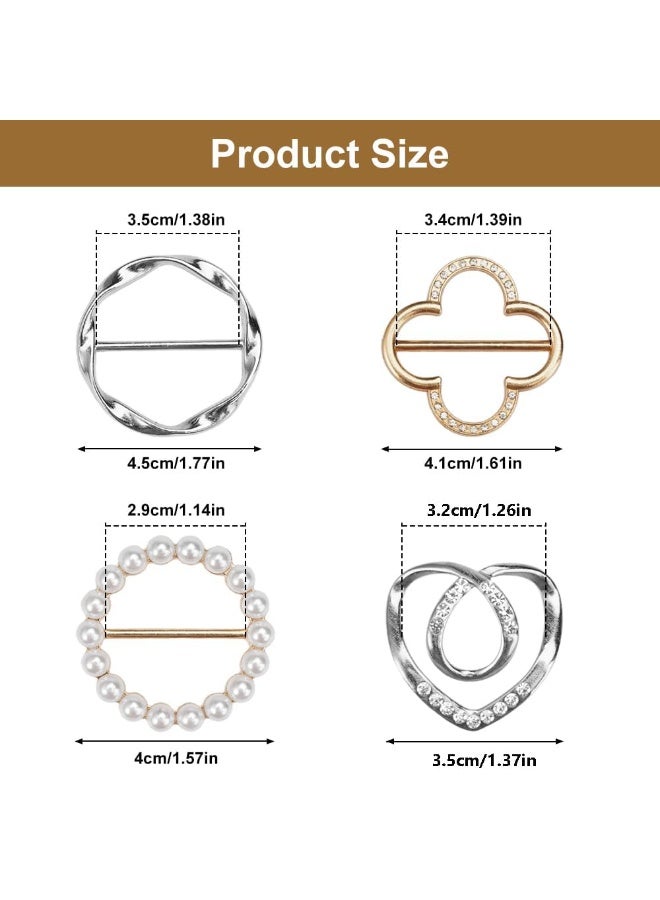 4PCS Metal Scarf Ring Clip Set Fashion Round Circle Buckle Rhinestone Pearl Scarf Rings for Women T-Shirt Dress Styling Gold Silver - Image 2