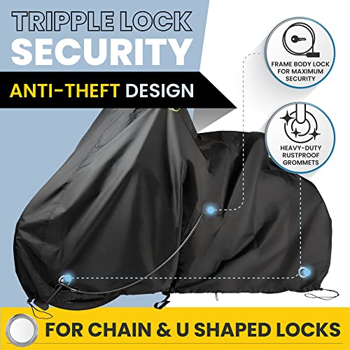 KING-A-MA-JIGS Waterproof Bicycle Cover for Outdoor Storage - Fits 1 or 2 Mountain, Road, Electric Bikes - Anti Theft Lock Holes for Frame Body & Wheels - Premium Heavy Duty Ripstop Fabric. For Rain or Snow. - Image 3