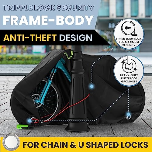 KING-A-MA-JIGS Waterproof Bicycle Cover for Outdoor Storage - Fits 1 or 2 Mountain, Road, Electric Bikes - Anti Theft Lock Holes for Frame Body & Wheels - Premium Heavy Duty Ripstop Fabric. For Rain or Snow. - Image 2