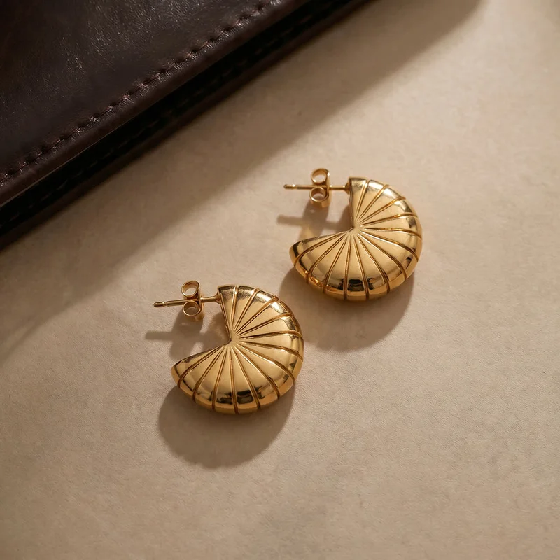 بالموناس 18K Gold Tone Plated Chic Fan Style Stud Earrings For Women - Waterproof & Anti-Tarnish