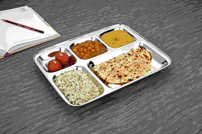 Vinod Stainless Steel Square Edges Mess Tray with 5 CompartmentSteel ThaliLunch Dinner PlateBhojan Thali 2Pcs - Image 1
