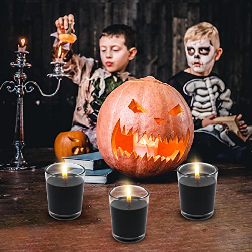 BERYSCEN Set of 4 Black Votive Candles for Halloween Pumpkin, Clear Glass Filled Unscented Soy Wax Candle for Dinner, Parties, Home Decorations and DIY - Image 3