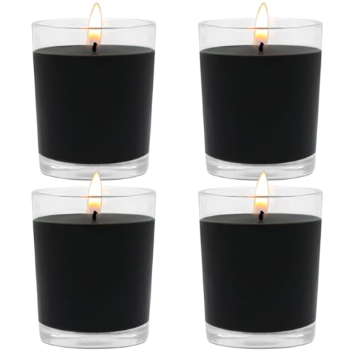BERYSCEN Set of 4 Black Votive Candles for Halloween Pumpkin, Clear Glass Filled Unscented Soy Wax Candle for Dinner, Parties, Home Decorations and DIY - Image 1
