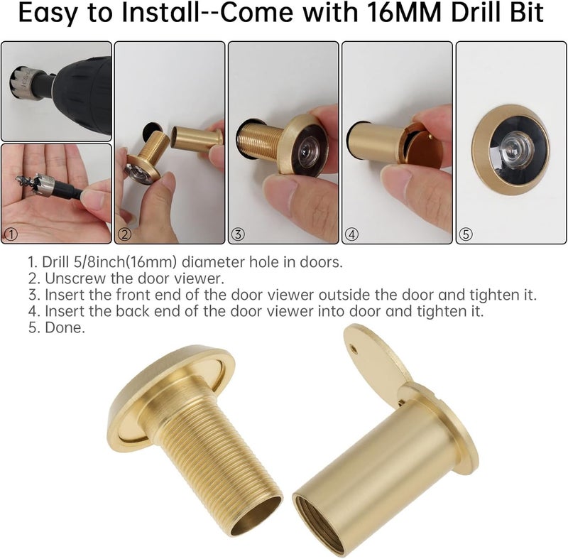 Door Viewer Peephole with Privacy Cover, Brass Housing, Wide Angle View, Gold (50-75 mm (200 degree)) - Image 5