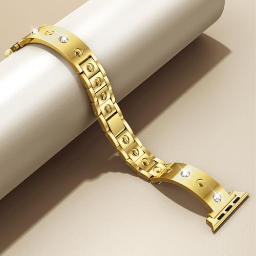 Mosonio Dressy Jewelry Bracelet Bands Compatible with Apple Watch Band 42mm(S11 S10) 41mm 40mm 38mm for Women, Cute and Stylish Diamond Metal Strap for iWatch Series 11 10 9 8 7 6 5 4 3 2 1 (Gold) - Image 4