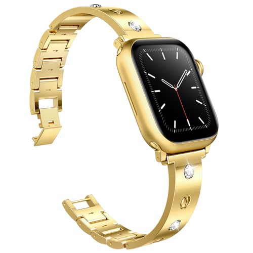 Mosonio Dressy Jewelry Bracelet Bands Compatible with Apple Watch Band 42mm(S11 S10) 41mm 40mm 38mm for Women, Cute and Stylish Diamond Metal Strap for iWatch Series 11 10 9 8 7 6 5 4 3 2 1 (Gold) - Image 1
