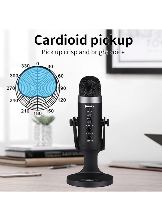 USB Podcast Microphone for PC, Laptop & Mobile, Professional Condenser Mic with Gain & Reverb Control, One-Touch Mute, Zero-Latency Headphone Monitoring, Hypercardioid Pickup, 330° Adjustable Stand – Ideal for Podcasting, Streaming & Voiceovers