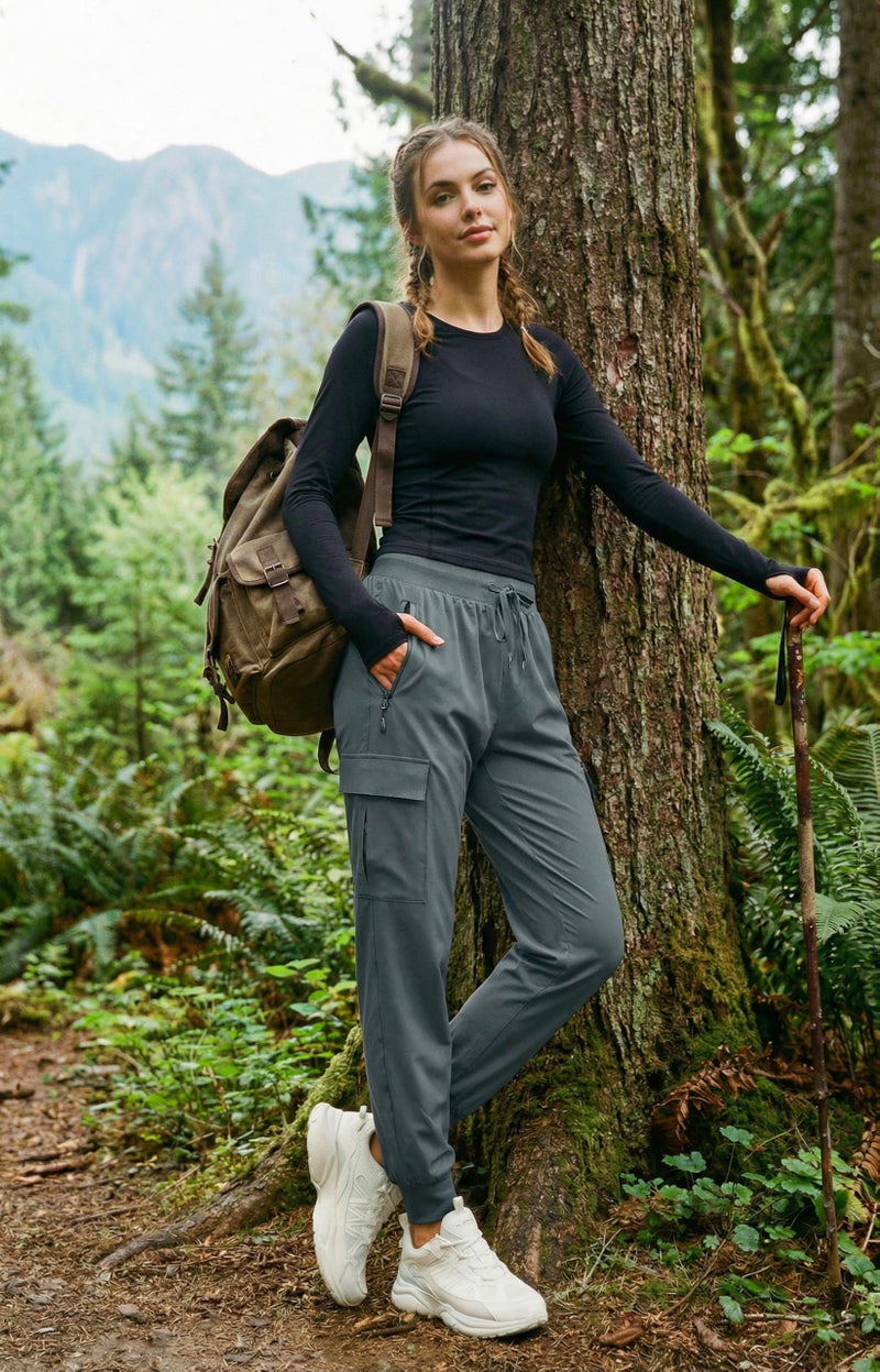 Libin Women's Cargo Joggers Lightweight Quick Dry Hiking Pants Athletic Lounge Casual Travel Tall, Steel Gray L - Image 2