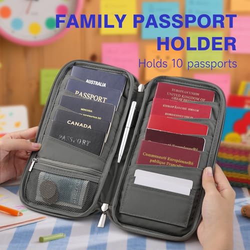 WALNEW Passport Holder Travel Family for 10, RFID-Blocking Wallet and Document Organizer Passports with Zipper, for Cards, Boarding Passes, Money, Tickets, Travel Essentials, Gray - Image 5