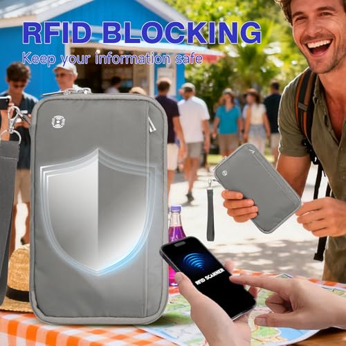 WALNEW Passport Holder Travel Family for 10, RFID-Blocking Wallet and Document Organizer Passports with Zipper, for Cards, Boarding Passes, Money, Tickets, Travel Essentials, Gray - Image 2