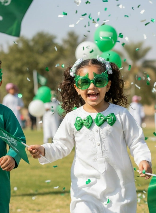 مجموعة إكسسوارات اليوم الوطني السعودي للأطفال: 4 قطع من مشابك الشعر والنظارات الشمسية | ألوان علم المملكة العربية السعودية الأخضر والأبيض | مثالية للاحتفالات والمرح - Image 2