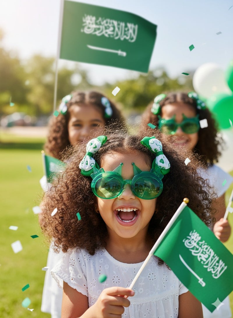 مجموعة إكسسوارات اليوم الوطني السعودي للأطفال: 4 قطع من مشابك الشعر والنظارات الشمسية | ألوان علم المملكة العربية السعودية الأخضر والأبيض | مثالية للاحتفالات والمرح - Image 1