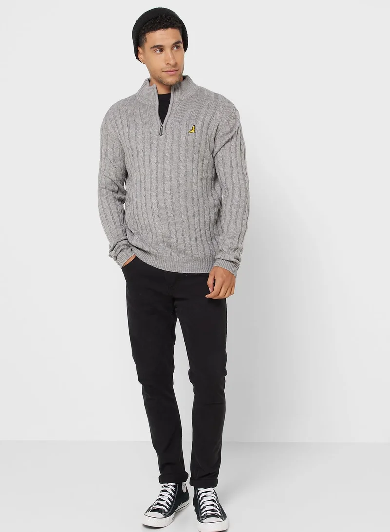 BRAVE SOUL Cable Knit Zip Neck Sweater