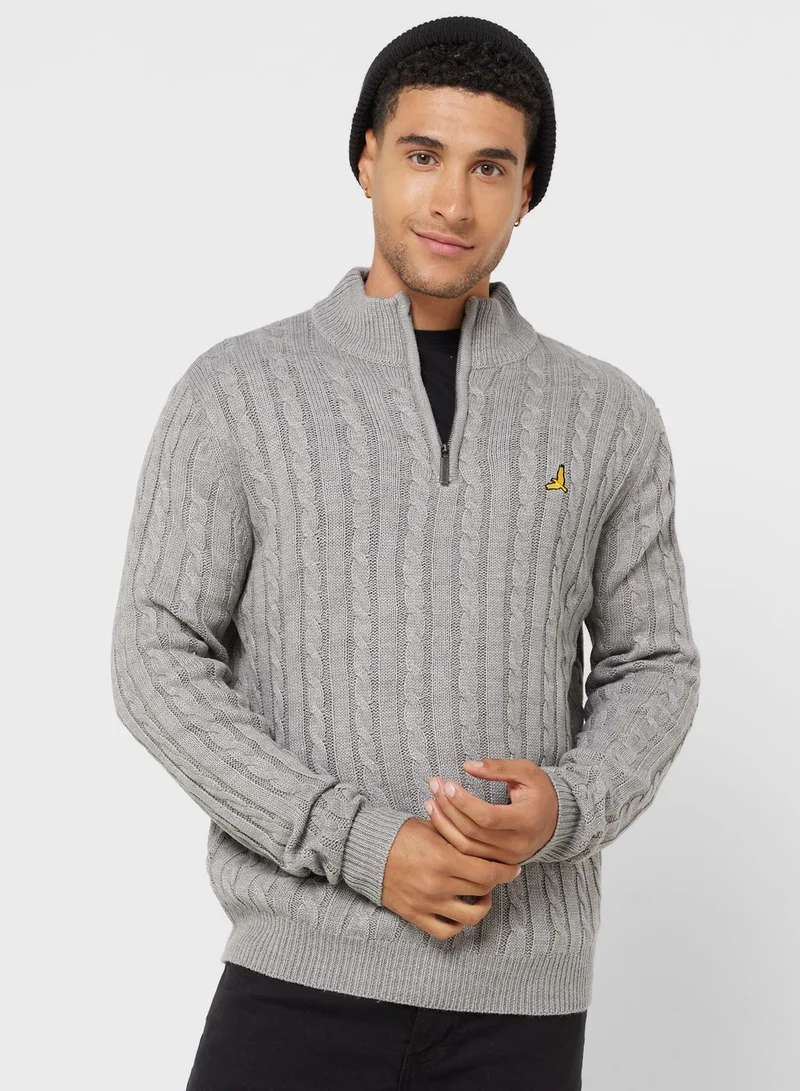 BRAVE SOUL Cable Knit Zip Neck Sweater