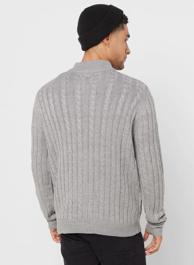 BRAVE SOUL Cable Knit Zip Neck Sweater