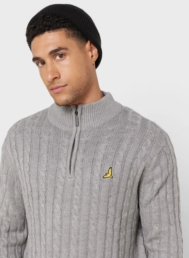 BRAVE SOUL Cable Knit Zip Neck Sweater