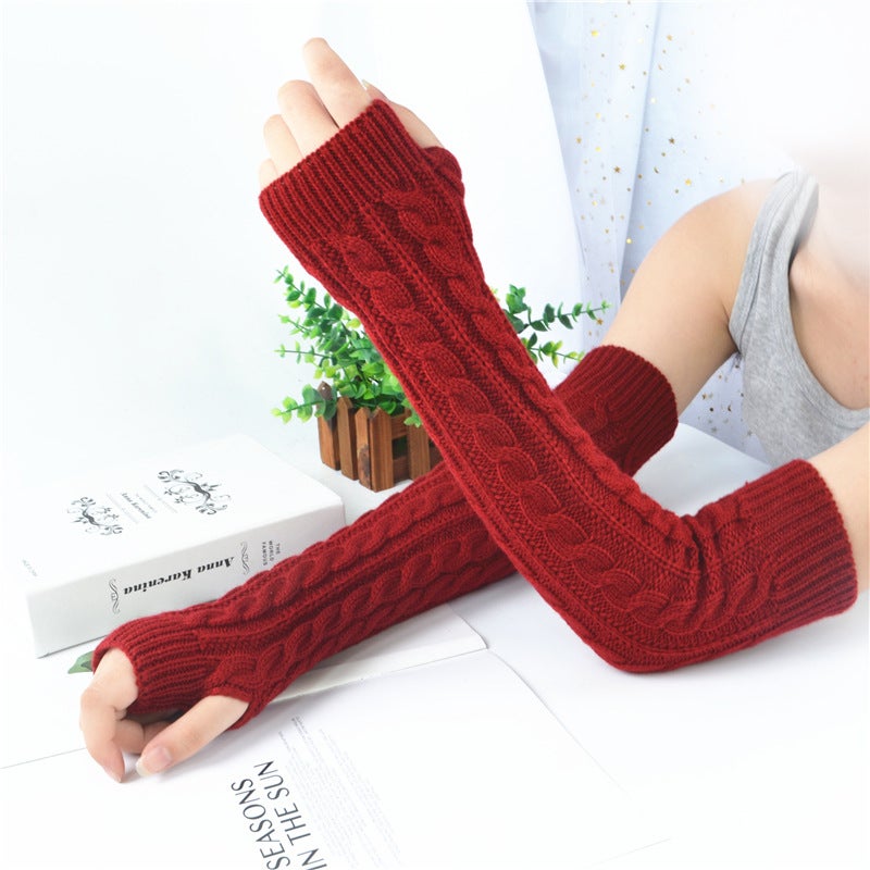 Winter Knit Fingerless Arm Warmers Women Wine red 