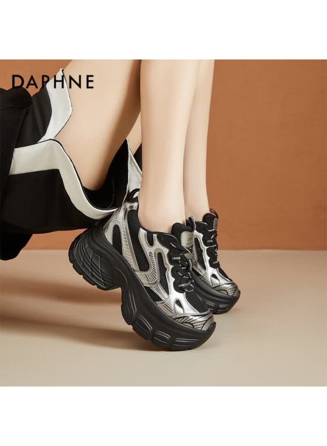 Daphne Ultra Thick Platform Height Increasing Dad Sneakers For Women Pee Slim Trendy Casual Versatile Shoes Black Size 35 - Image 3