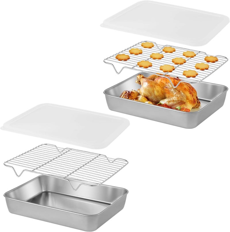 2-Piece Baking Tray Set with Airtight Lids & Cooling Racks, Rectangular Stainless Steel Roasting Pans for Oven Use - Image 1