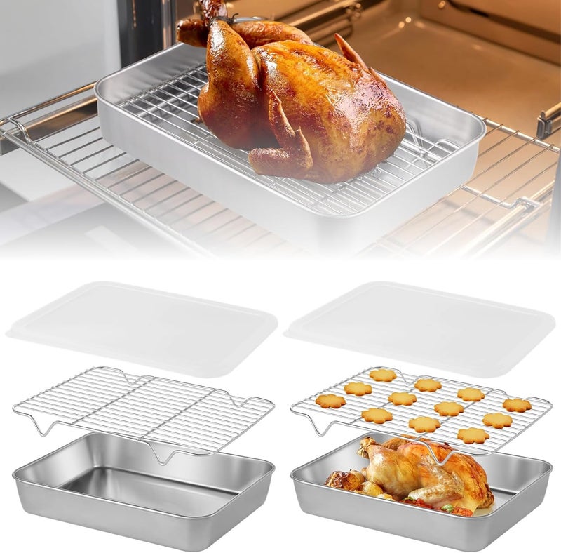 2-Piece Baking Tray Set with Airtight Lids & Cooling Racks, Rectangular Stainless Steel Roasting Pans for Oven Use - Image 2