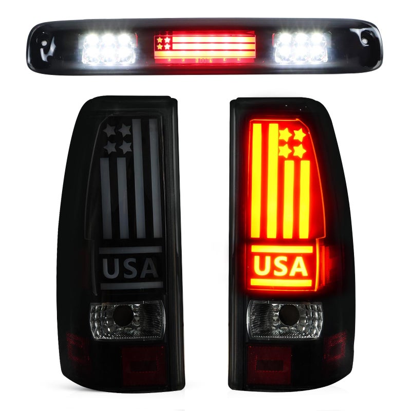 Bomusou LED Tail Light 3rd Brake Light Kit Fit for Chevy Silverado 1500 2500 HD 19992002 for GMC Sierra 1500 2500 HD Fleetside 19992003 Taillights and High Mount Stop Light 3 Pcs Smoke Lens