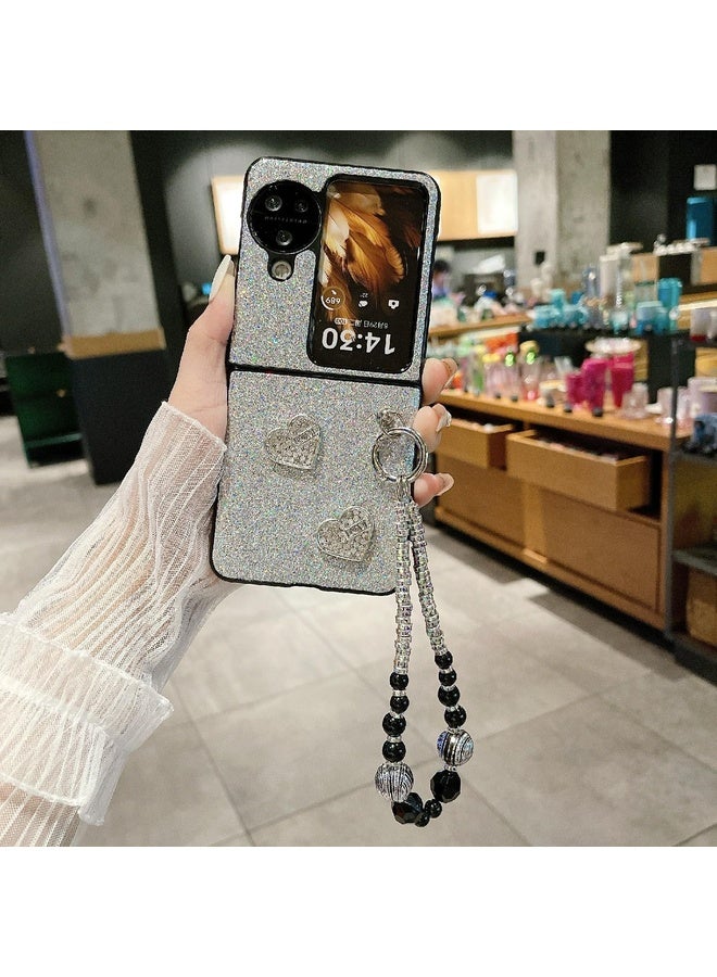 Case Cover For OPPO Find N3 Flip Gradient Color Glitter Shockproof Protective Phone Case With Bead Chain(Grey)