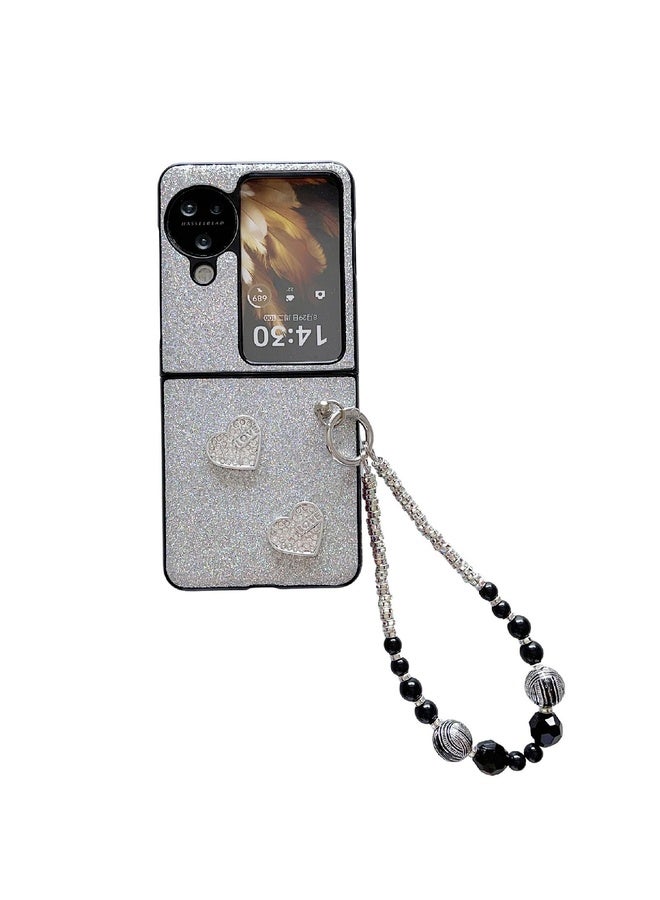 Case Cover For OPPO Find N3 Flip Gradient Color Glitter Shockproof Protective Phone Case With Bead Chain(Grey)