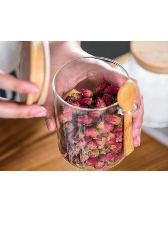 ميكسد 8 قطع مختومة زجاج البورسليكات الخيزران وعاء التوابل ، مع غطاء من الخيزران ، الخيزران ملعقة ، حلوى ، والتوابل ، حبوب البن ، والتوابل - Image 2