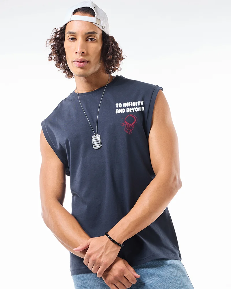 bewakoof Men's Navy Blue Infinity Space Graphic Printed Boxy Fit Vest