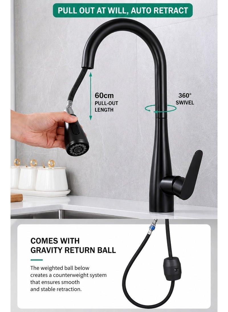 Aurrako Kitchen Faucet Tap,Stainless Steel Water Tap 4 Modes with Pull Out Spray Head ,360 Rotating Way,Single Handle High Pressure Hot and Cold Morden Kitchen Tap - Image 4