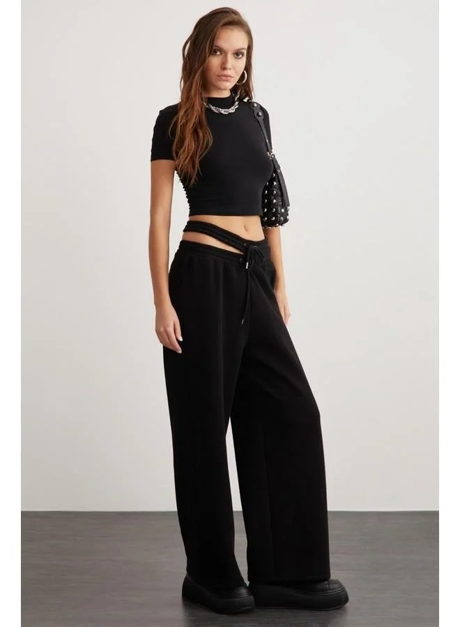 GRIMELANGE Grimelange Niara Women's Cotton Elastane Crew Neck Short Sleeve Slim Fit Crop Black T-Shirt