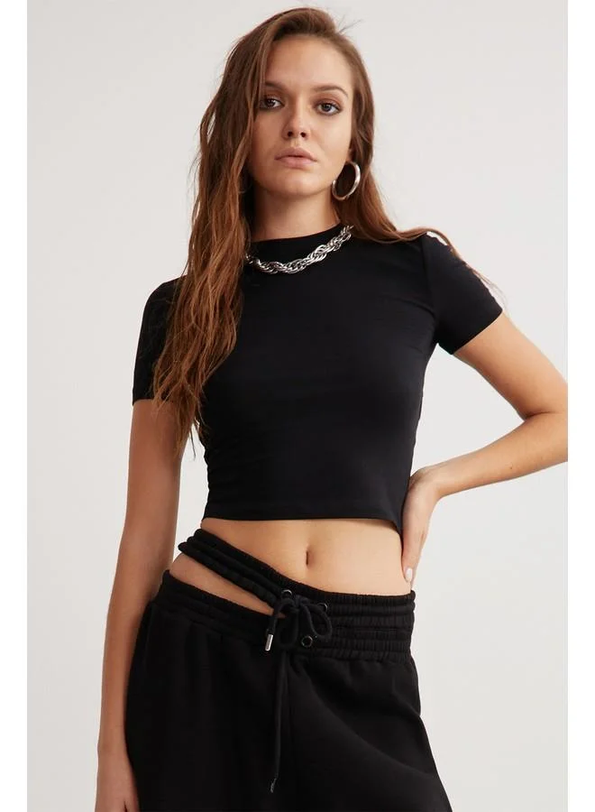 GRIMELANGE Grimelange Niara Women's Cotton Elastane Crew Neck Short Sleeve Slim Fit Crop Black T-Shirt