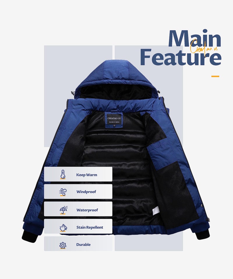 CREATMO US Women's Hooded Cold Winter Insulated Jacket Thicken Puffer Coat Warm Female Outwear Navy Blue M - Image 3
