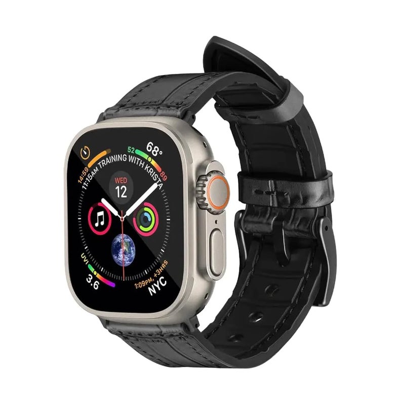 A-CASE Leather-Silicone Hybrid Band Compatible with Apple Watch Ultra/Series 4–9 – 42/44/45/49mm Black Replacement Strap with Metal Connector - Image 1