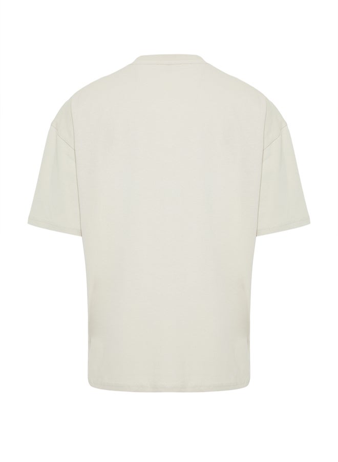 trendyol Stone Oversize Deer Embroidered 100% Cotton T-Shirt TMNSS24TS00055 - Image 5