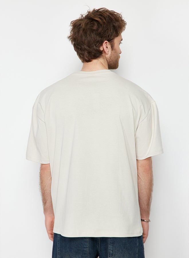 trendyol Stone Oversize Deer Embroidered 100% Cotton T-Shirt TMNSS24TS00055 - Image 2