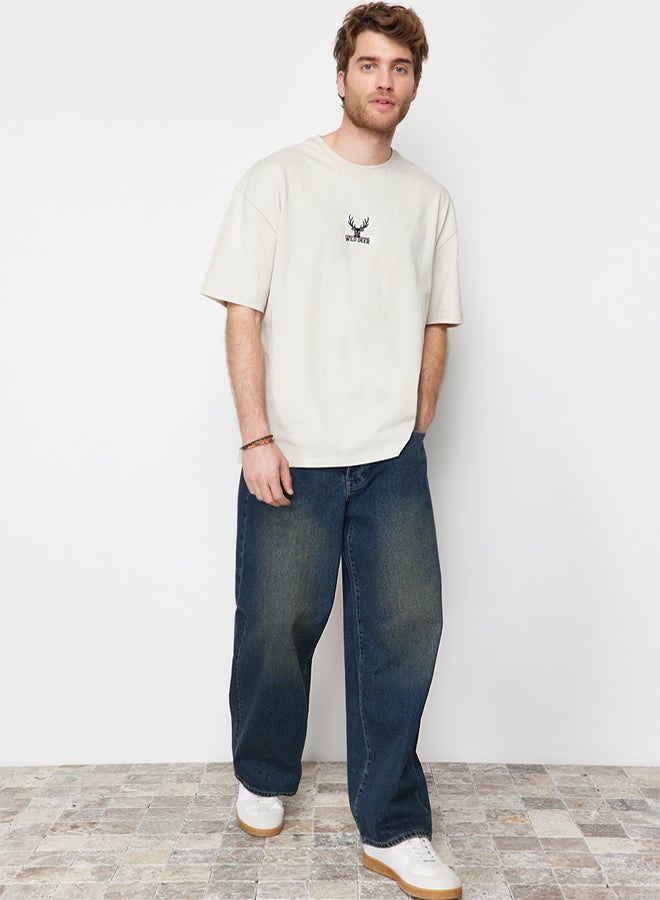 trendyol Stone Oversize Deer Embroidered 100% Cotton T-Shirt TMNSS24TS00055 - Image 3