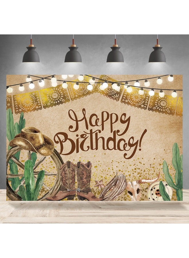 Rsuuinu Western Cowboy Happy Birthday Backdrop Fiesta Rustic Old West Rodeo Photography Background Cactus Brown Birthday Party Decoration Cake Table Banner Supplies Photo Booth Studio Props 7X5Ft  - Image 1