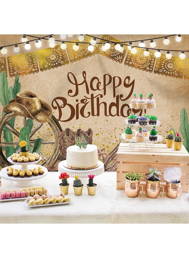 Rsuuinu Western Cowboy Happy Birthday Backdrop Fiesta Rustic Old West Rodeo Photography Background Cactus Brown Birthday Party Decoration Cake Table Banner Supplies Photo Booth Studio Props 7X5Ft  - Image 5
