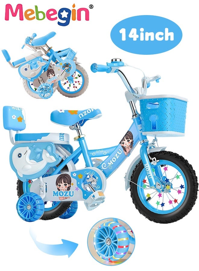 MEBEGIN 14 Inches Foldable Bike with Soft Seat, Children Bicycle with Adjustable Saddle and Foldable Body, Adorable Bike with Luminous Training Wheels, Handbrake and Basket, Ideal Gift for Kids and Beginners - Image 1