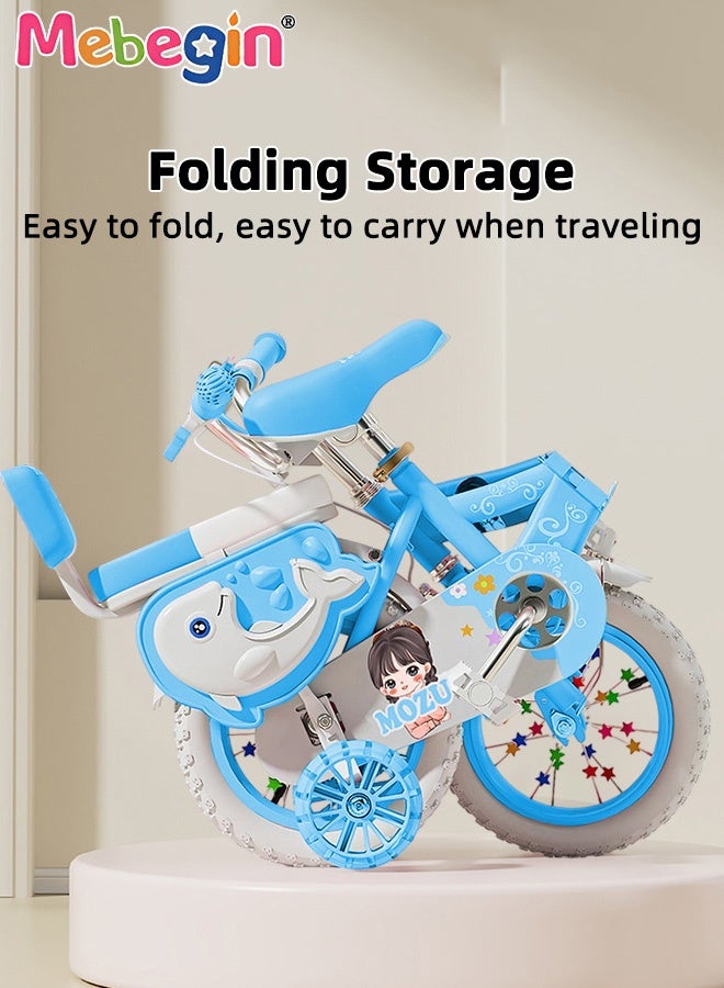 MEBEGIN 14 Inches Foldable Bike with Soft Seat, Children Bicycle with Adjustable Saddle and Foldable Body, Adorable Bike with Luminous Training Wheels, Handbrake and Basket, Ideal Gift for Kids and Beginners - Image 5