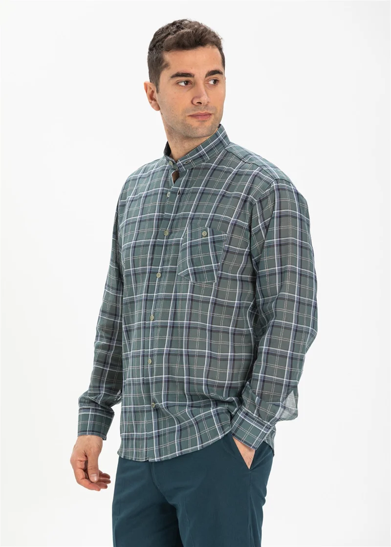 اليش شيل بيزي Long Sleeve Şile Cloth Classic Collar Single Pocket Men's Shirt Khaki Plaid 3041