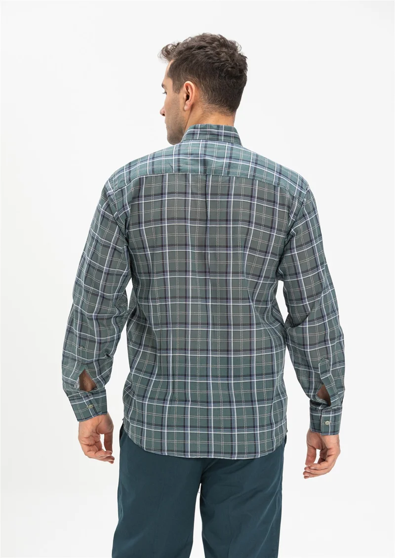 اليش شيل بيزي Long Sleeve Şile Cloth Classic Collar Single Pocket Men's Shirt Khaki Plaid 3041