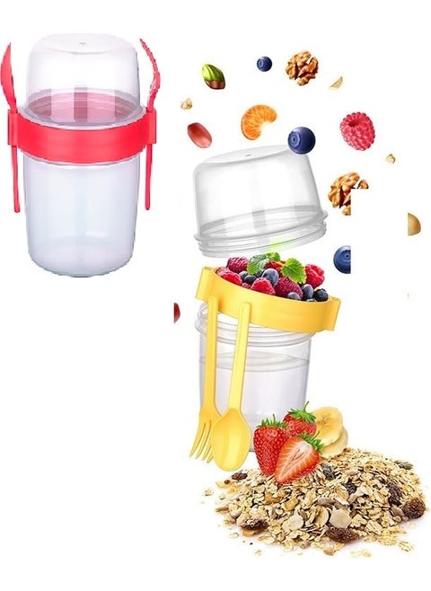 Double Chamber - Portable Muesli with Fork and Spoon - Snack Container 500 ml
