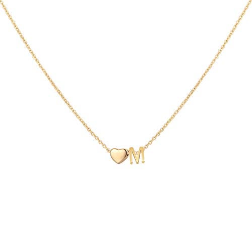 Glimmerst 18K Gold Plated Stainless Steel Initial Heart Necklace - Women's Personalized Monogram Name Necklace - Minimalist Tiny Heart Letter M Pendant - 17.7 Inch Chain for Loved Ones - Image 1