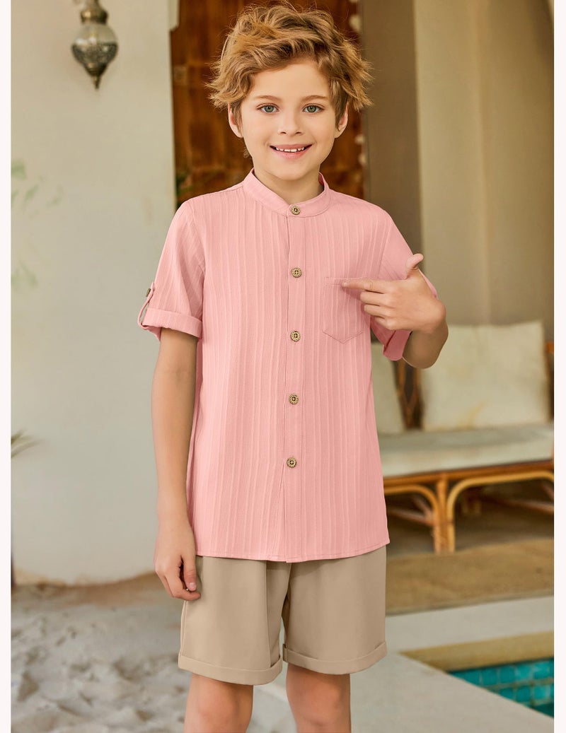 Arshiner Boys 2 Piece Outfits Casual Pink Shirt and khaki Shorts Summer Beach Vacation Wear 7-8 Years - Image 2